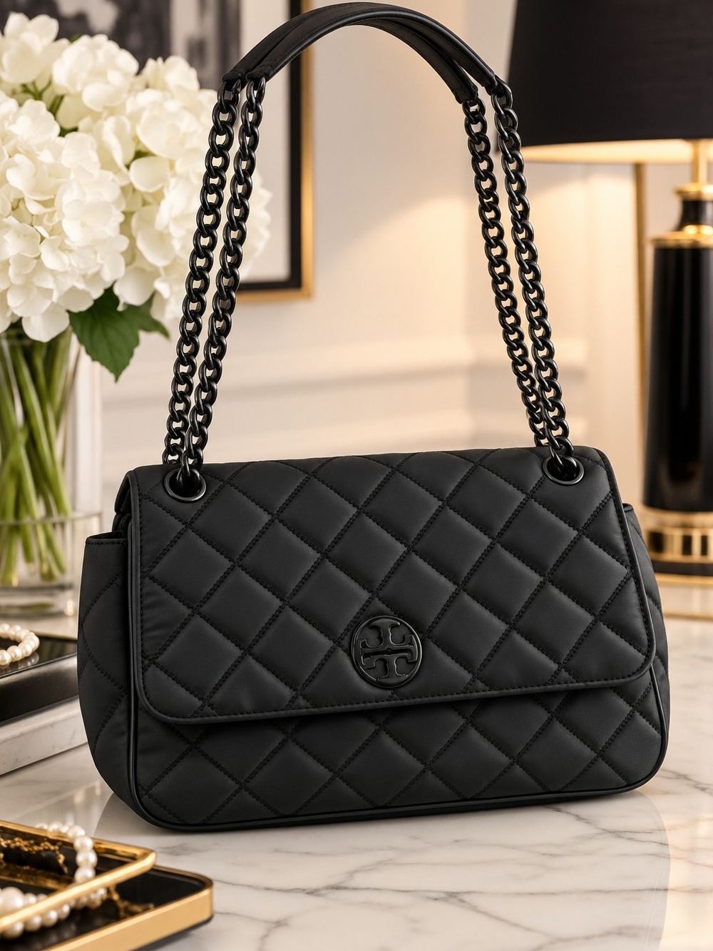 Tory Burch Willa Matte Black Quilted Leather Convertible Shoulder Bag